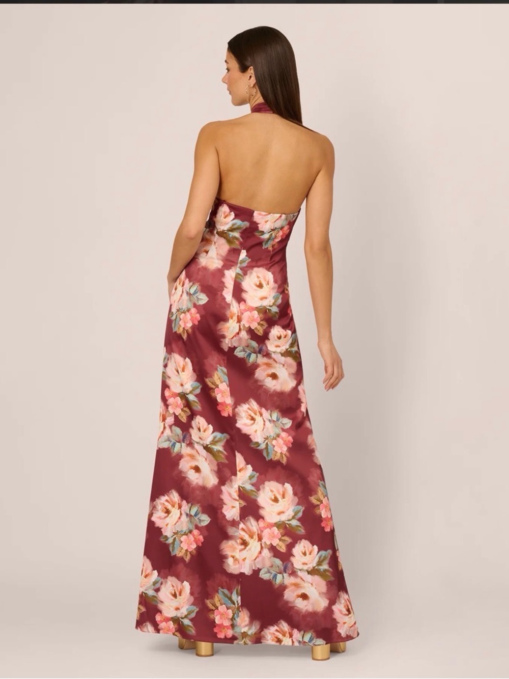 Adrianna Papell Floral Satin Twist Waist Halter Gown Brown Multi NWT - Picture 7 of 12